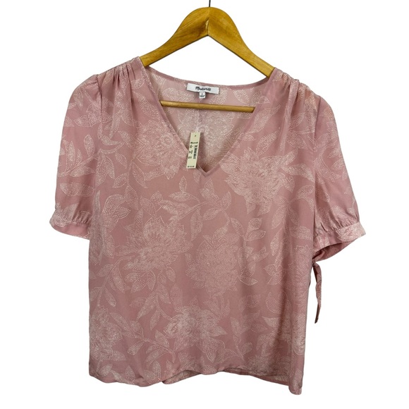 * Madewell 100% Silk V-Neck Tie-Sleeve Top in Pindot Blooms NWT $110 Dainty - Picture 2 of 14